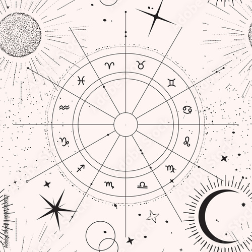 horoscope sign seamless pattern ,  lunar calendar, moon phases cosmic universe design. Circle decoration background , mystery galaxy , tarot, abstract celestial space design 