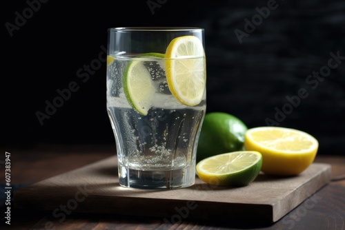 glass of water with slice of lemon and lime, created with generative ai