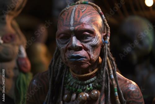 close-up of alien with face paint and tribal decorations, dancing in celebration, created with generative ai