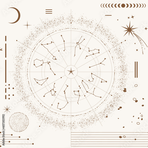 horoscope seamless pattern , esoteric Star constellation, lunar calendar, moon phases cosmic universe design. Circle decoration background , mystery galaxy , tarot, abstract celestial space design