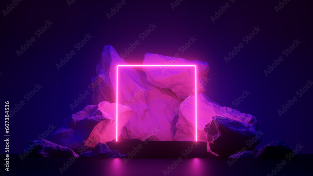 Neon frame, rock stones and empty podium for product presentation. 3d rendering illustration. Neon frame, rock stones and empty podium for product presentation. 3d rendering illustration.