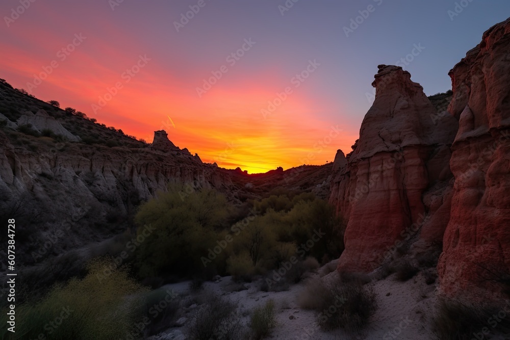fiery canyon sunset, with a silhouetted rock formation, against the background of the setting sun, created with generative ai