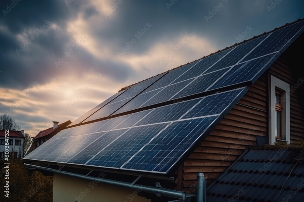 Fototapeta premium solar panels on the roof of eco-friendly house, generating clean energy, created with generative ai