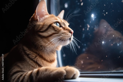 feline looking out window of spaceship, with view of the stars and planets in the background, created with generative ai