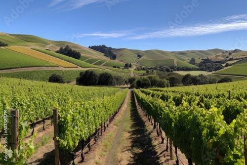 vineyard with rows of grape vines and rolling hills in the background, created with generative ai