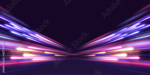 Image of speed motion on the road. Abstract background in blue and purple neon glow colors. Speed of light in galaxy. Panoramic high speed technology concept, light abstract background. Vector.