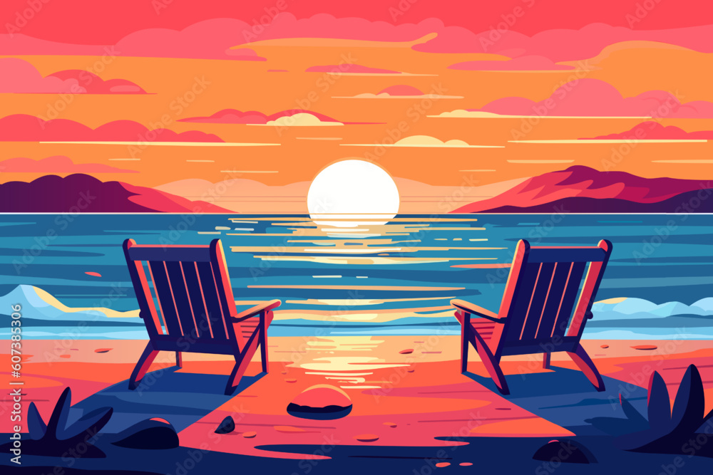 Landscape sunset on the beach. Sun loungers on the seashore. Landscape Beautiful seascape. Seascape banner. Romantic evening on the beach. Vector.