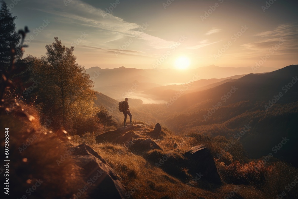 scenic hike through mountains, with a view of the sunrise, created with generative ai