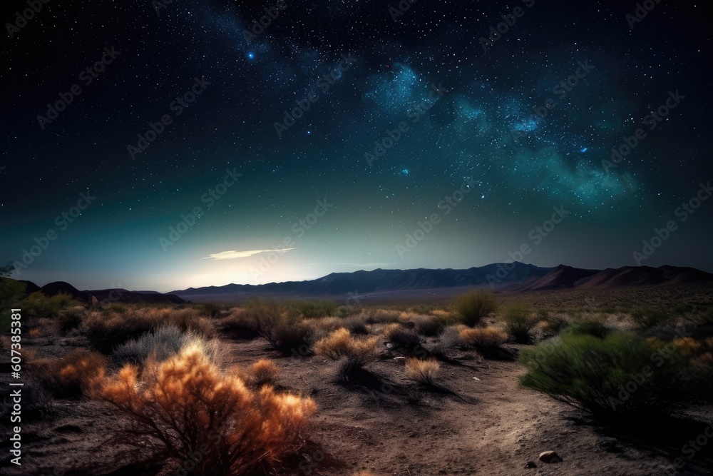 night sky with colorful stars and moon over the desert landscape, created with generative ai