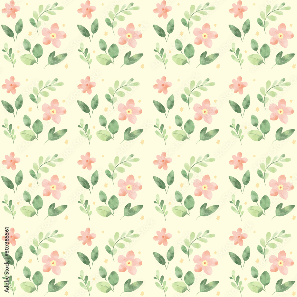 Flower seamless pattern with abstract floral branches with leaves. Vector illustration in vintage watercolor style on light yellow background