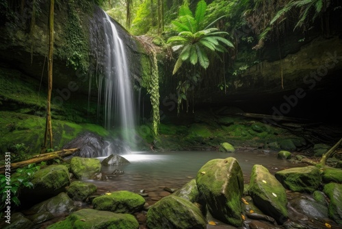 majestic waterfall  cascading over rocks and boulders  in tropical rainforest  created with generative ai