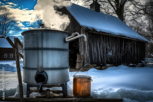 maple sap evaporator with steam rising from warm syrup and bucket of fresh sap, created with generative ai