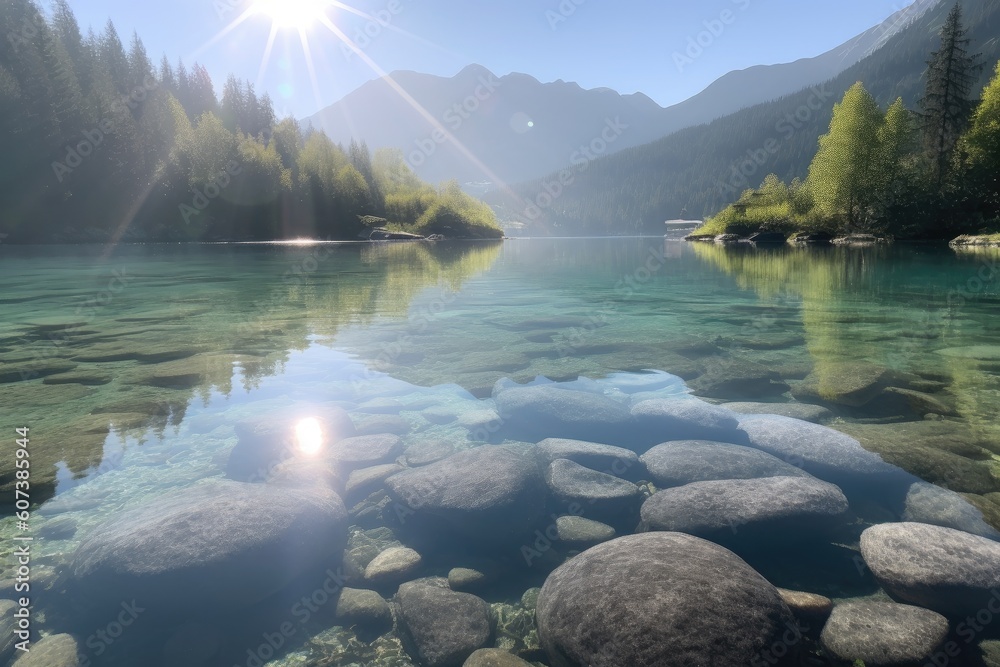 crystal clear lake, surrounded by misty mountains, with the sun shining through, created with generative ai