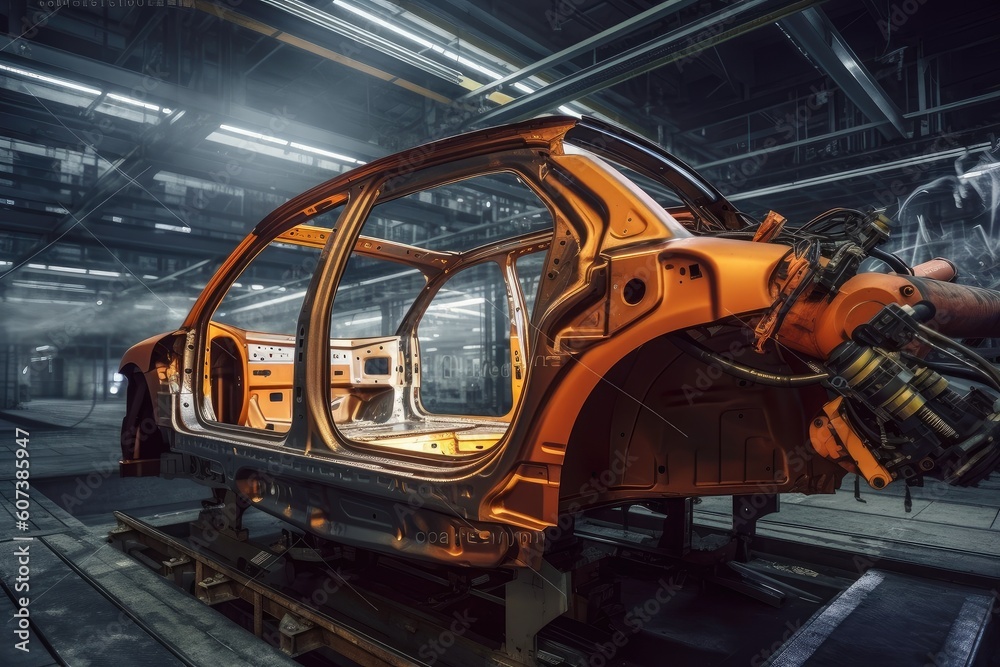 robot arm welding seams on automobile chassis in futuristic factory, created with generative ai