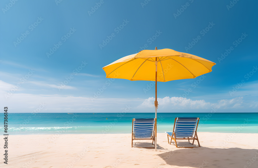 beach chairs and parasol  on the beach. Generative AI