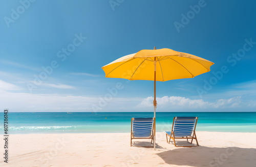 beach chairs and parasol on the beach. Generative AI