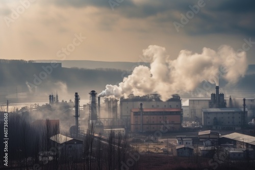 chemical plant, with smoke and steam rising from its chimneys, air pollution visible in the sky, created with generative ai