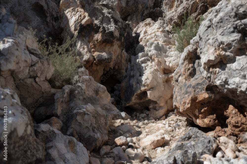 close-up of rocks and dirt, showing the effects of a cave-in on mountain side, created with generative ai