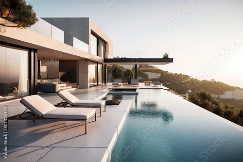 modern mediterranean house with infinity pool and outdoor lounge area, created with generative ai