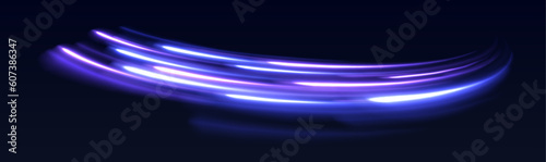 Lines in the shape of a comet against a dark background. Vortex streams of neon light. Magic of moving fast lines. Laser beams, horizontal light rays. Vector.