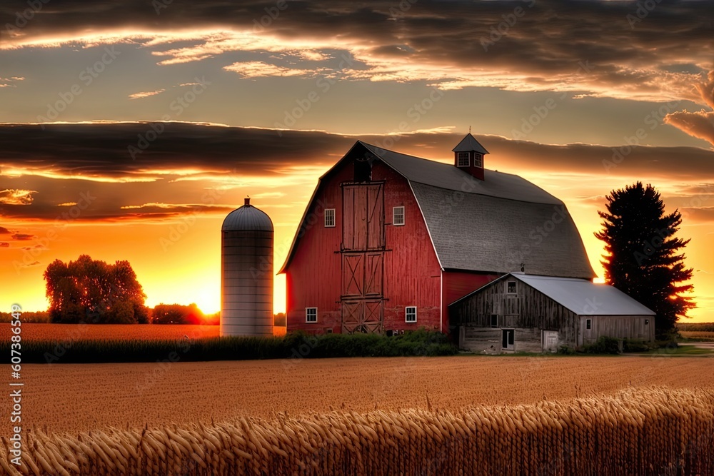 sunset over farm, with barn and crops in the foreground, created with generative ai