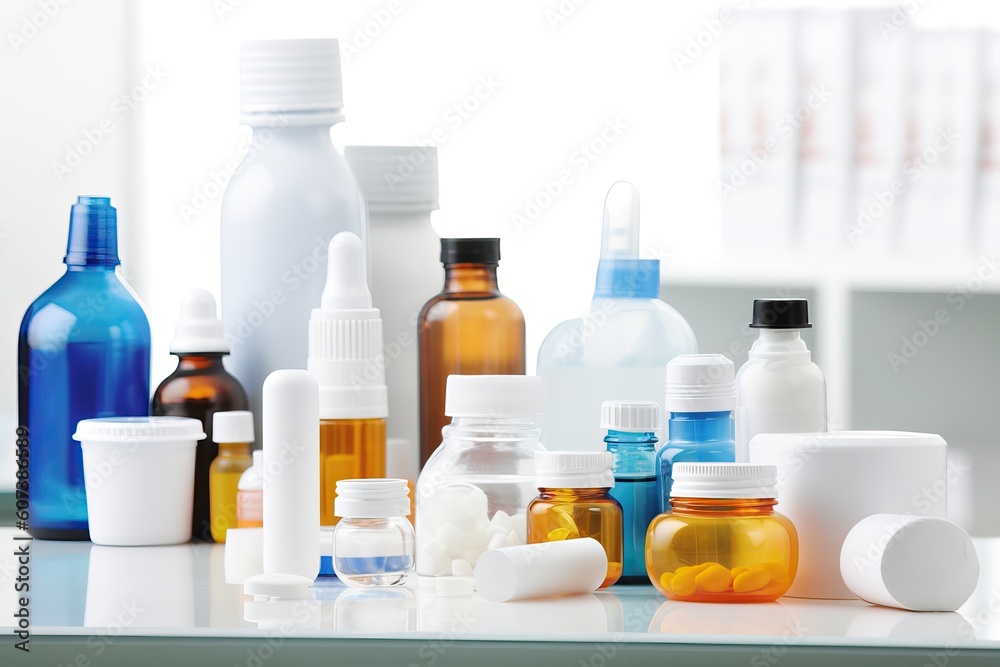 Set of medicines and pills in different packages and glass bottles, generative AI. Set of medicines and pills in different packages and glass bottles, generative AI.