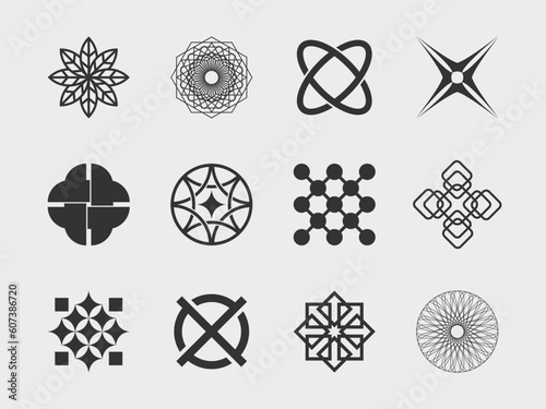 abstract collection 4 graphic geometric symbols and objects in y2k style. Templates for notes, posters, banners, stickers, business cards, logo.