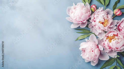 Pink peonies on blue concrete background with copy space. AI