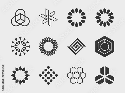 abstract collection 11 graphic geometric symbols and objects in y2k style. Templates for notes, posters, banners, stickers, business cards, logo.