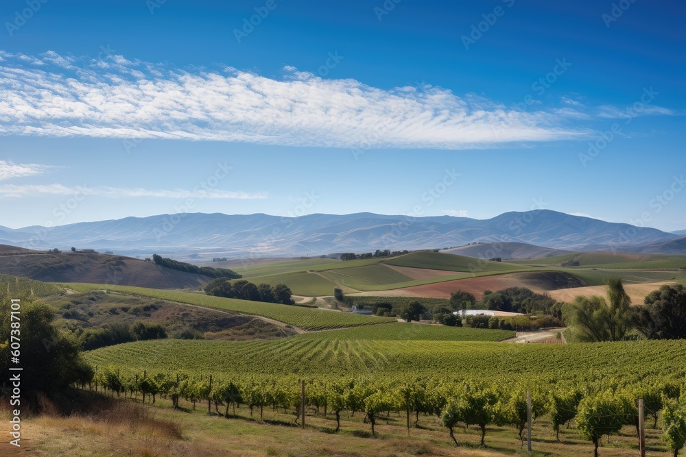 vineyard with rolling hills and blue sky, surrounded by distant mountains, created with generative ai