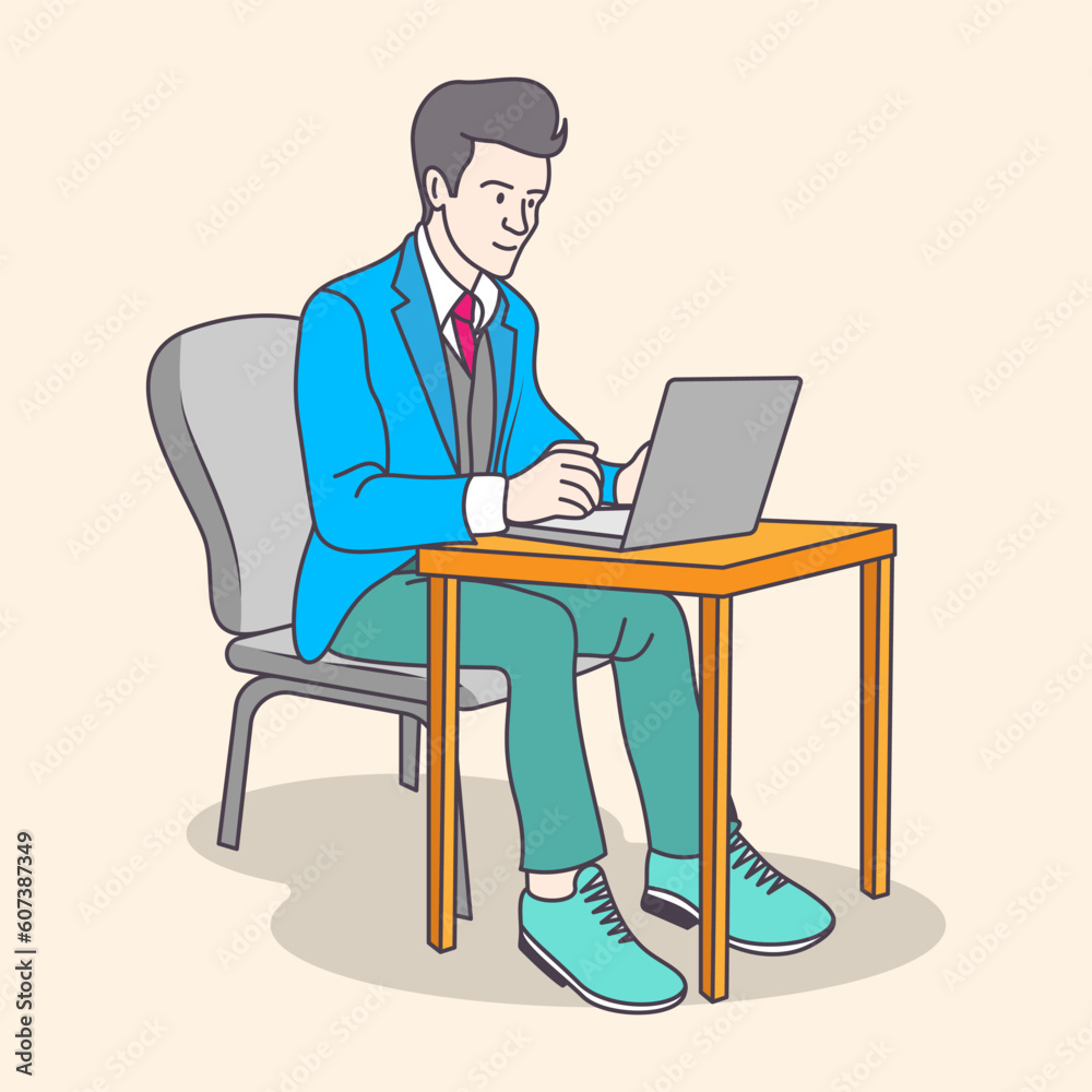Fototapeta premium Young boy working on a chair and table with a laptop using from home, flat coloring line art minimal illustration
