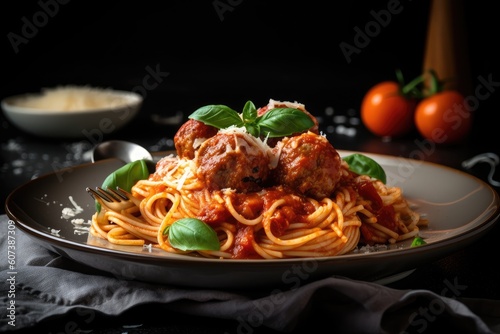 colorful plate of spaghetti and meatballs with fresh basil and grated cheese, created with generative ai
