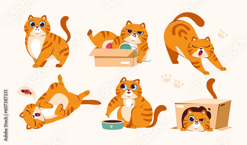 Cute ginger cat is playing, sleeping, eating. A set of funny illustrations of the life of a pet. Playful cat poses. Cartoon vector illustration.