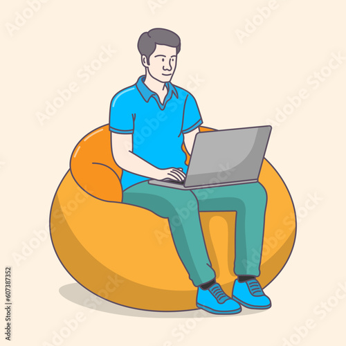 Young boy working on a bean bag chair with a laptop using from home, flat coloring line art minimal illustration © Jahi Creative