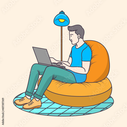 Young boy working on a bean bag chair with a laptop using from home, flat coloring line art minimal illustration