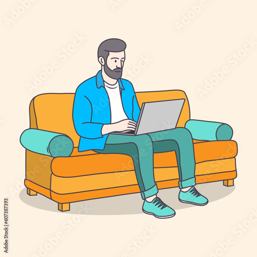 Business man working on a sofa using laptop from home flat coloring line art minimal illustration