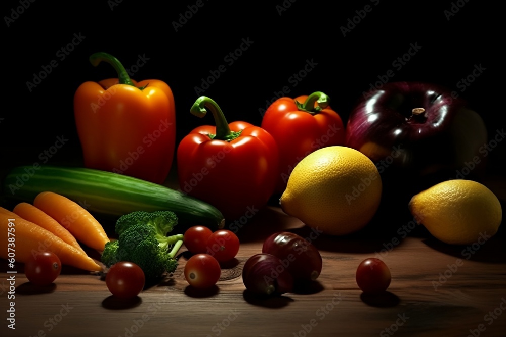 fruits and vegetables on black. 