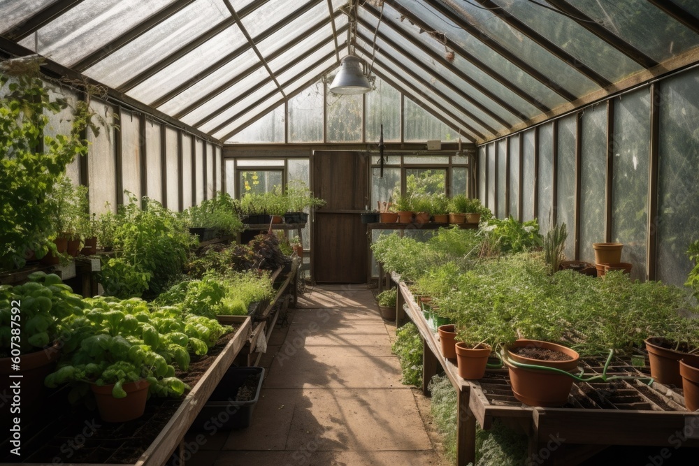 greenhouse with herbs and vegetables growing in the sun, created with generative ai greenhouse with herbs and vegetables growing in the sun, created with generative ai