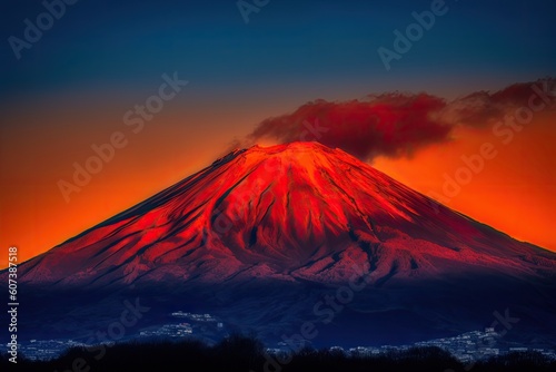 volcano, with fiery red and orange hues, against deep blue sky, created with generative ai