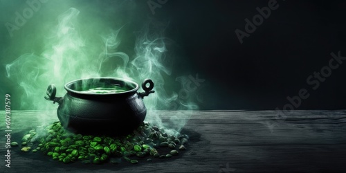 Cauldron with bubbling green potion and witch's hat, broomstick with generative ai