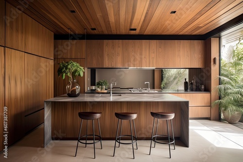 modern kitchen with sleek look and wood-paneled walls  created with generative ai