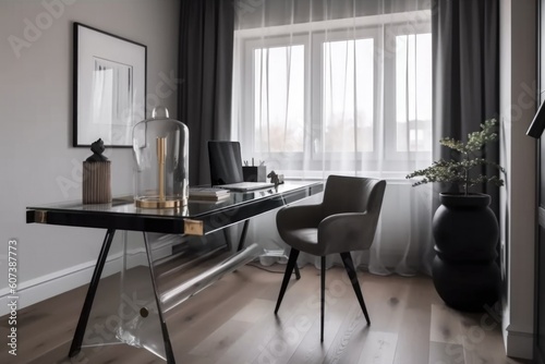 a sleek and minimalist home office with a sleek leather chair  a glass desk and modern decor  created with generative ai