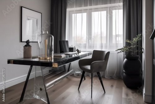 a sleek and minimalist home office with a sleek leather chair, a glass desk and modern decor, created with generative ai