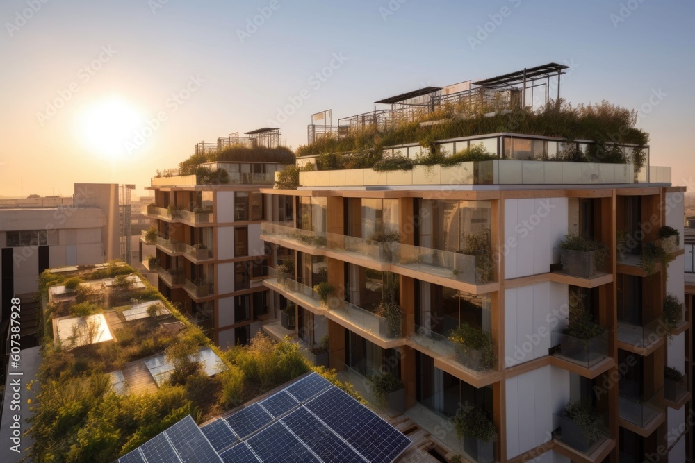 eco-friendly hotel, with solar panels and rooftop garden, overlooking the city, created with generative ai