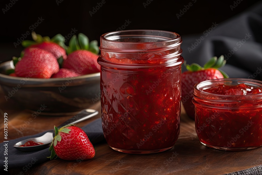 homemade strawberry preserves in clear glass jar, created with generative ai homemade strawberry preserves in clear glass jar, created with generative ai