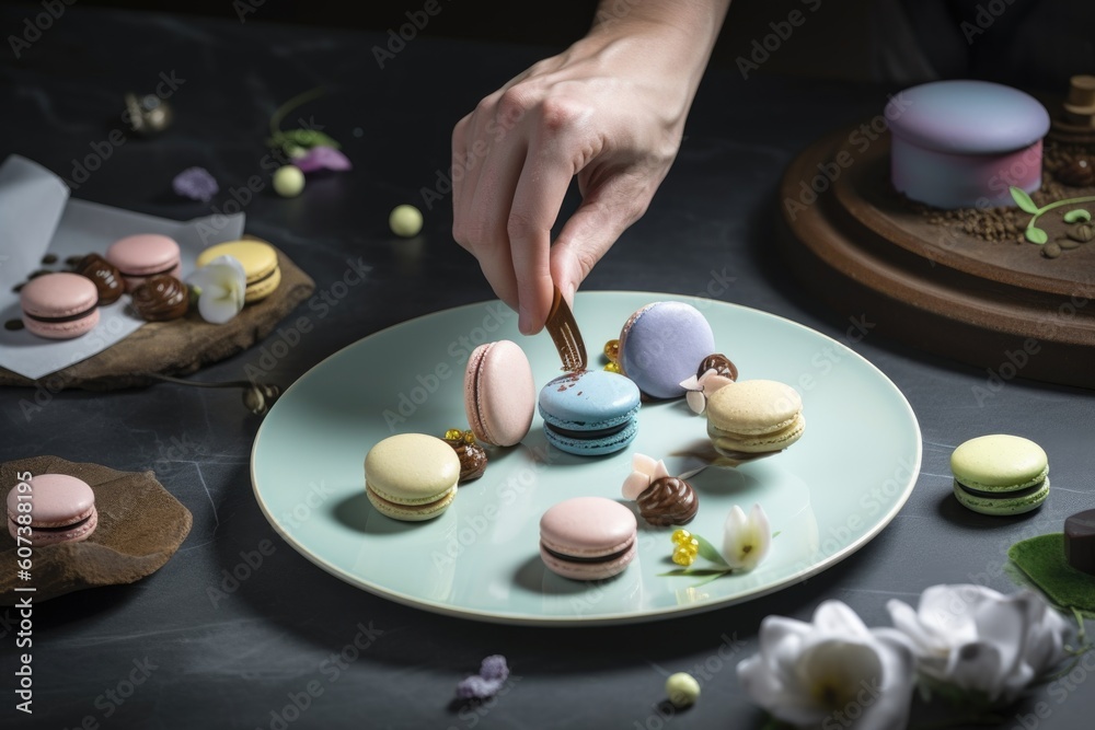 a chef decorating a plate with delicate pastries and pastel macarons for a special occasion, created with generative ai