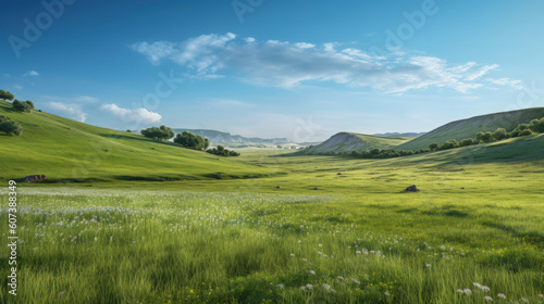 Green grass meadow on hill nature summer landscape background. Generative ai. © tonktiti