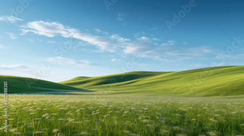 Green grass meadow on hill nature summer landscape background. Generative ai.