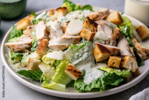 plate of chicken caesar salad, with rotisserie chicken, croutons and creamy dressing, created with generative ai
