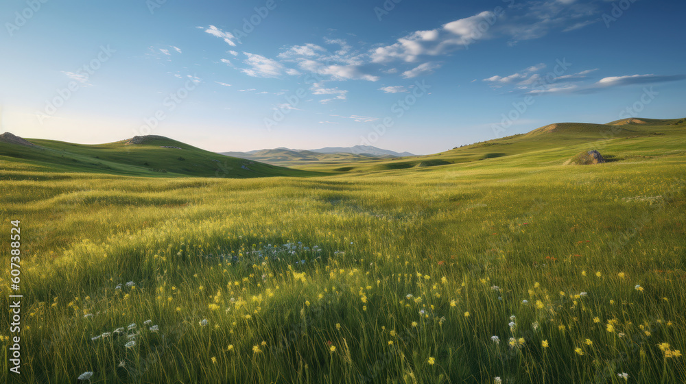 Green grass meadow on hill nature summer landscape background. Generative ai.